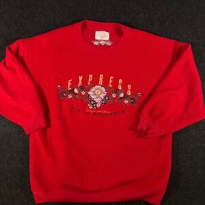 Express Sweatshirt Womens Medium Red Floral Embroidered Vie De Provence Vintage